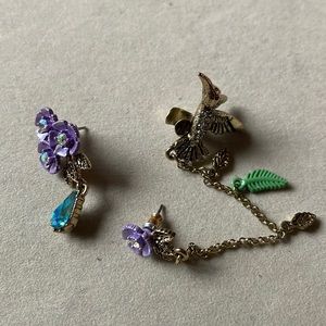 Asymmetrical bird and flower earrings - pierced with a cuff
